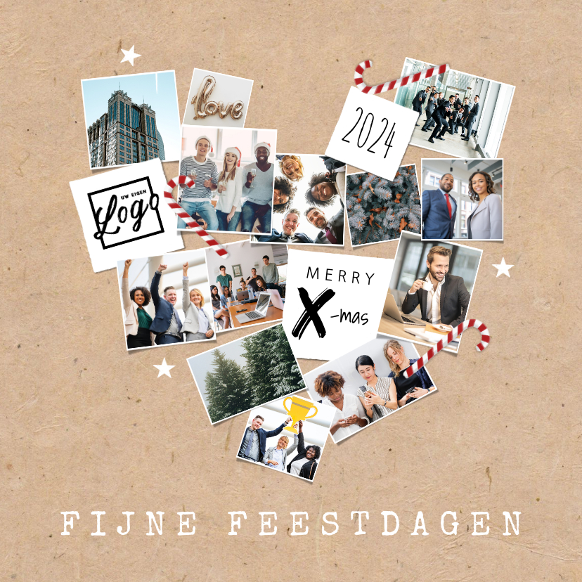 Kerstkaart fotocollage hart kraft sterren zuurstokjes - Zakelijke kerstkaarten Zakelijke kerstkaarten - Kerstkaart fotocollage hart kraft sterren zuurstokjes