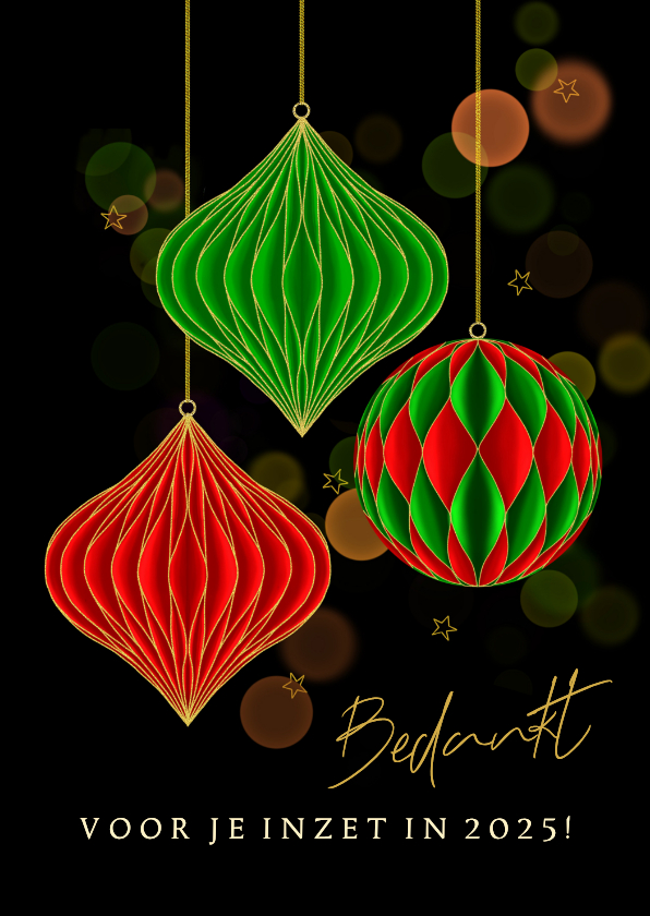 Kerstkaart gevouwen kersthangers rood en groen - Zakelijke kerstkaarten Zakelijke kerstkaarten - Kerstkaart gevouwen kersthangers rood en groen