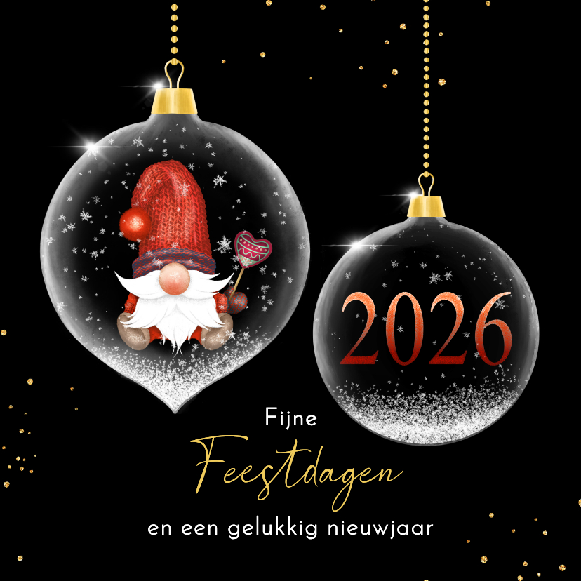 Kerstkaart glasballen met kabouter - Zakelijke kerstkaarten Zakelijke kerstkaarten - Kerstkaart glasballen met kabouter