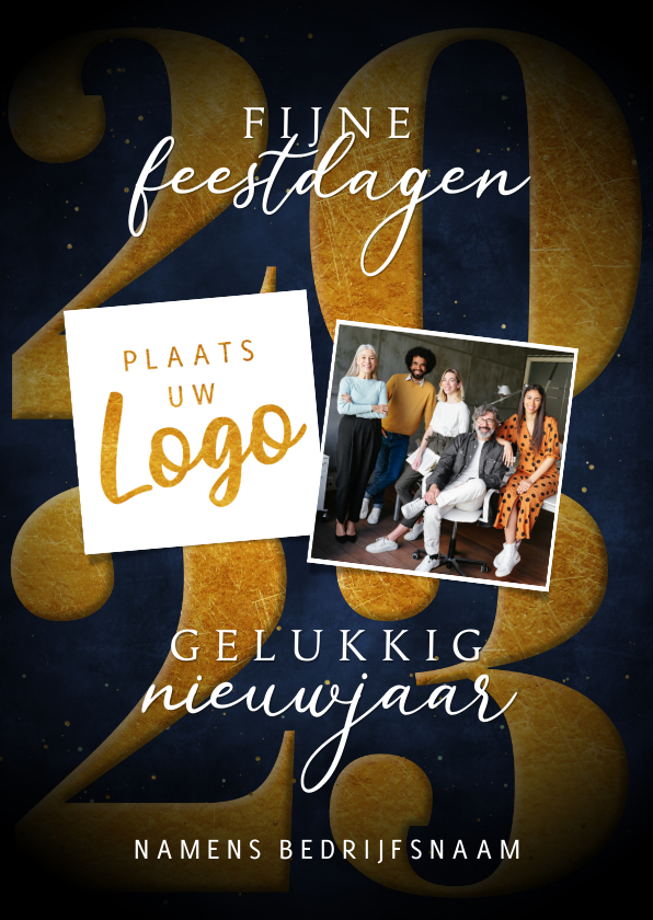 Kerstkaart goudlook '2023' met twee foto's - Zakelijke kerstkaarten Zakelijke kerstkaarten - Kerstkaart goudlook '2023' met twee foto's