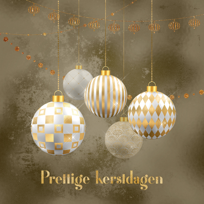 Zakelijke kerstkaarten - Kerstkaart kerstballen goud met wit op brons