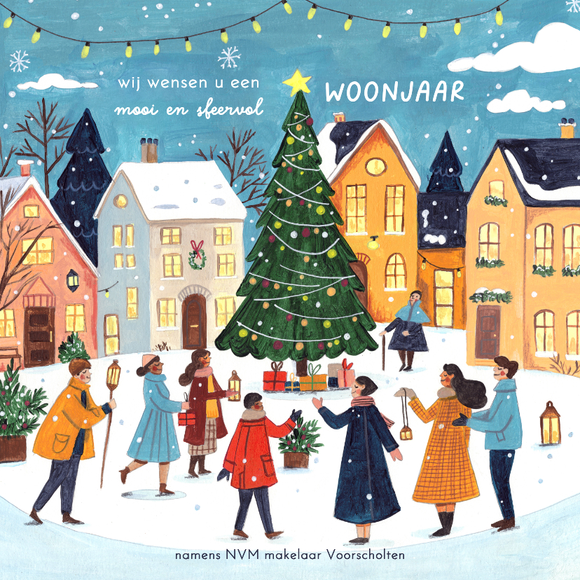 Zakelijke kerstkaarten - Kerstkaart kerstdorp en kerstboom in de sneeuw