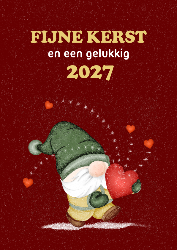 Kerstkaart kerstkabouter die hartjes rondstrooit - Zakelijke kerstkaarten Zakelijke kerstkaarten - Kerstkaart kerstkabouter die hartjes rondstrooit