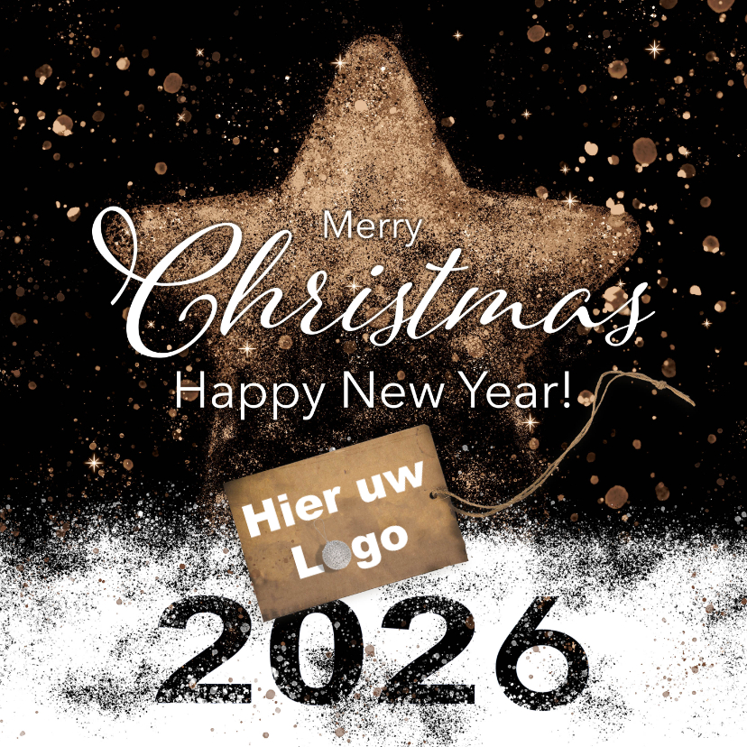 Kerstkaart koperen ster sneeuw en label 2026 - Zakelijke kerstkaarten Zakelijke kerstkaarten - Kerstkaart koperen ster sneeuw en label 2026