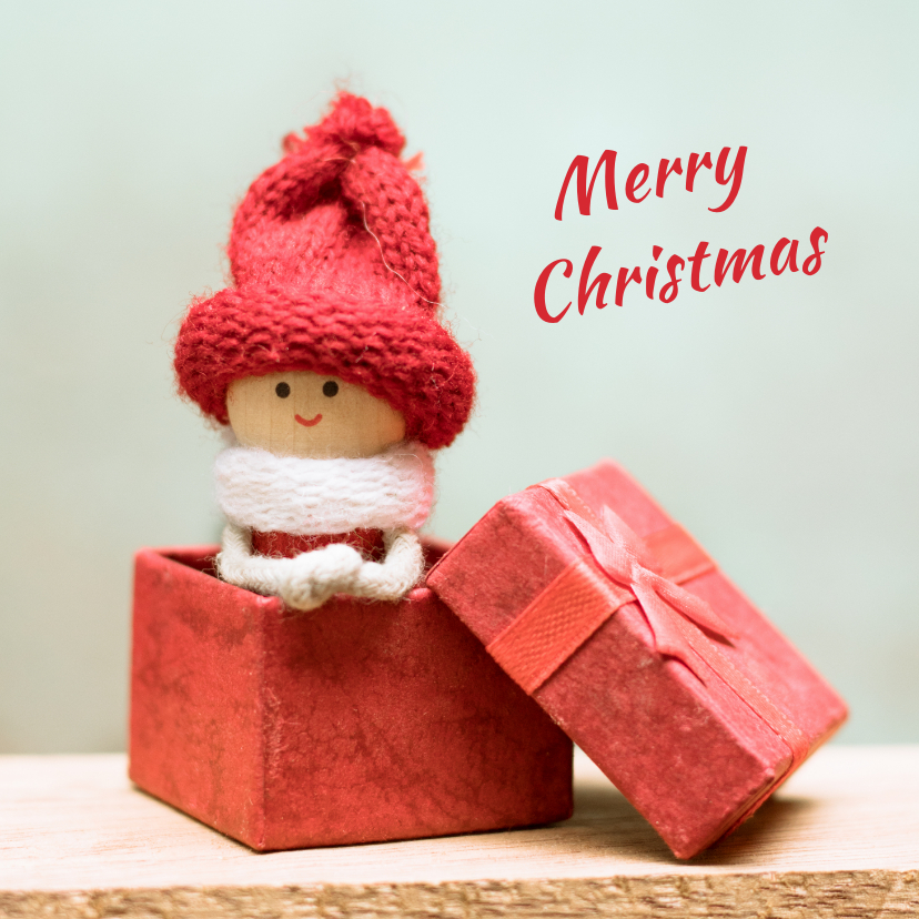 Zakelijke kerstkaarten - Kerstkaart met een elfje in een rood doosje