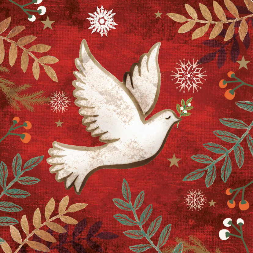 Zakelijke kerstkaarten - Kerstkaart met een vredesduif, rode achtergrond