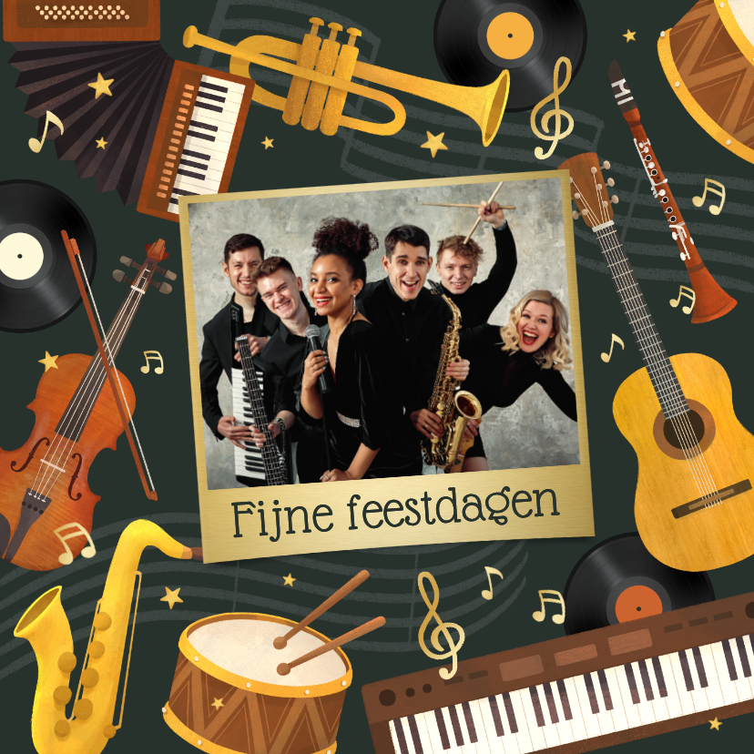 Kerstkaart muziek instrumenten foto goud fijne feestdagen - Zakelijke kerstkaarten Zakelijke kerstkaarten - Kerstkaart muziek instrumenten foto goud fijne feestdagen