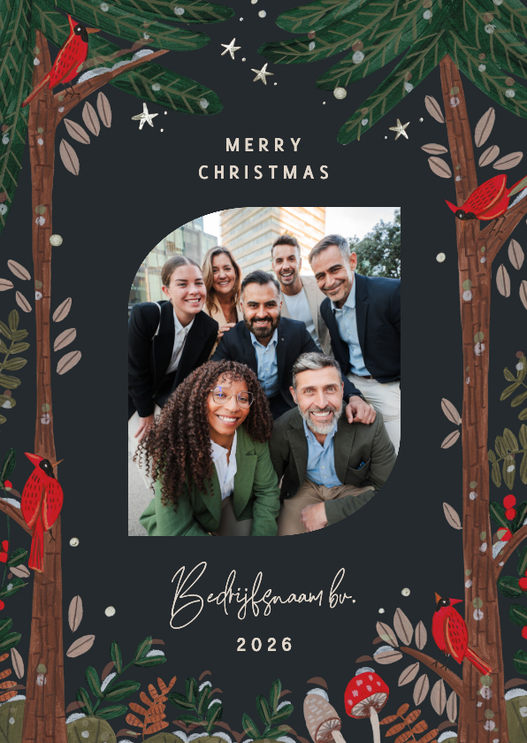 Zakelijke kerstkaarten - Kerstkaart rode kardinalen in de kerstnacht