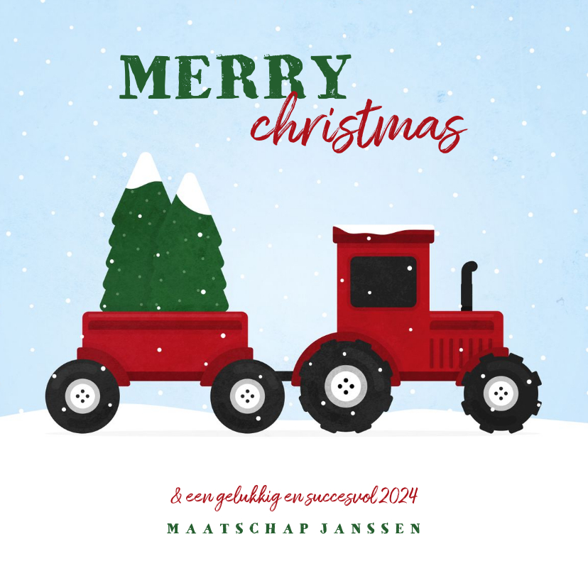 Zakelijke kerstkaarten - Kerstkaart tractor met kerstbomen en sneeuw agrarisch