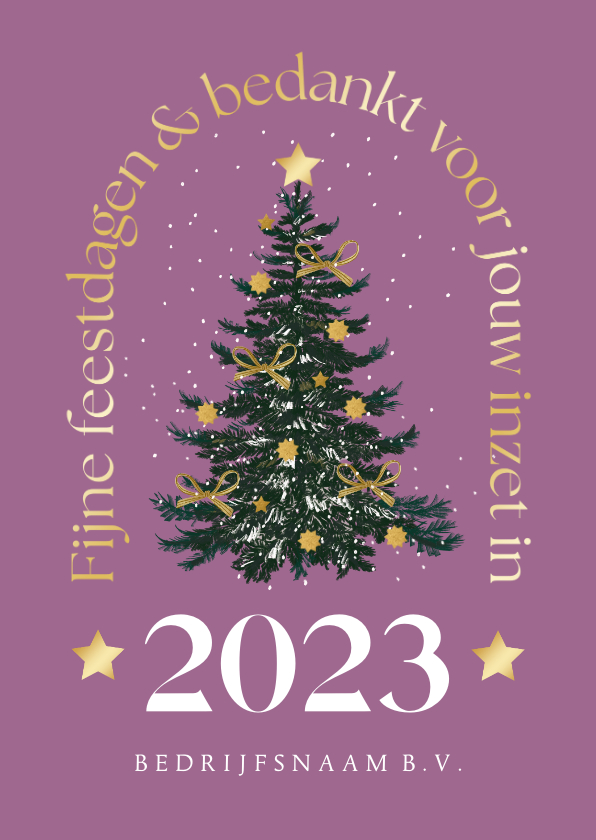 Kerstkaart trendy goud kerstboom sneeuw sterren strik - Zakelijke kerstkaarten Zakelijke kerstkaarten - Kerstkaart trendy goud kerstboom sneeuw sterren strik