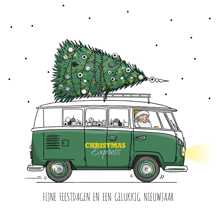 Zakelijke kerstkaarten - Kerstkaart VW bus groen met boom