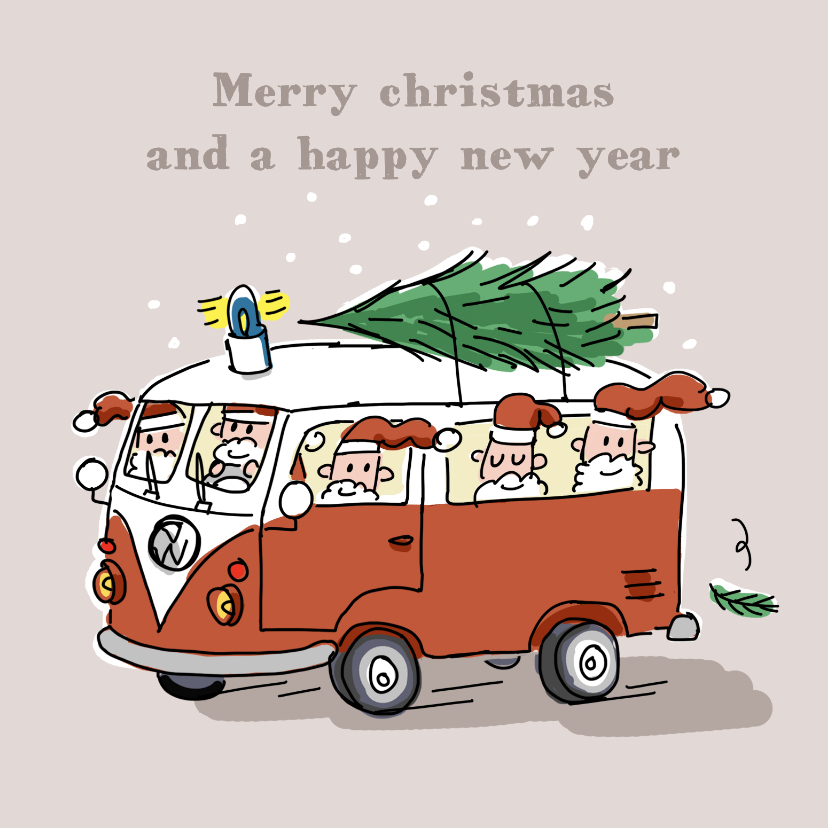 Kerstkaart vw busje met 5 kerstmannen en kerstboom - Zakelijke kerstkaarten Zakelijke kerstkaarten - Kerstkaart vw busje met 5 kerstmannen en kerstboom