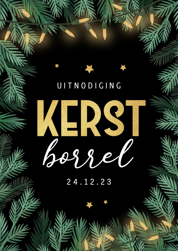 Zakelijke kerstkaarten - Kerstkaart zakelijk kerstborrel kerstlampjes kersttakje goud