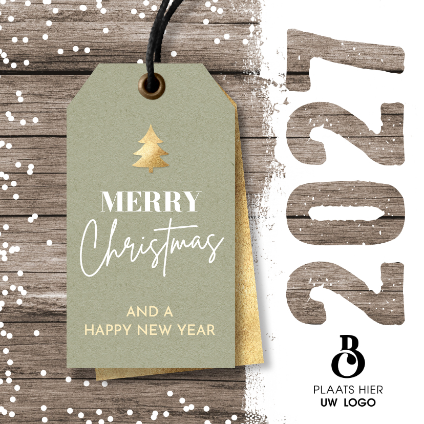 Kerstkaart zakelijk label 2027 en logo op hout - Zakelijke kerstkaarten Zakelijke kerstkaarten - Kerstkaart zakelijk label 2027 en logo op hout