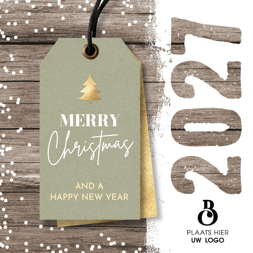 Kerstkaart zakelijk label 2027 en logo op hout - Zakelijke kerstkaarten Zakelijke kerstkaarten - Kerstkaart zakelijk label 2027 en logo op hout