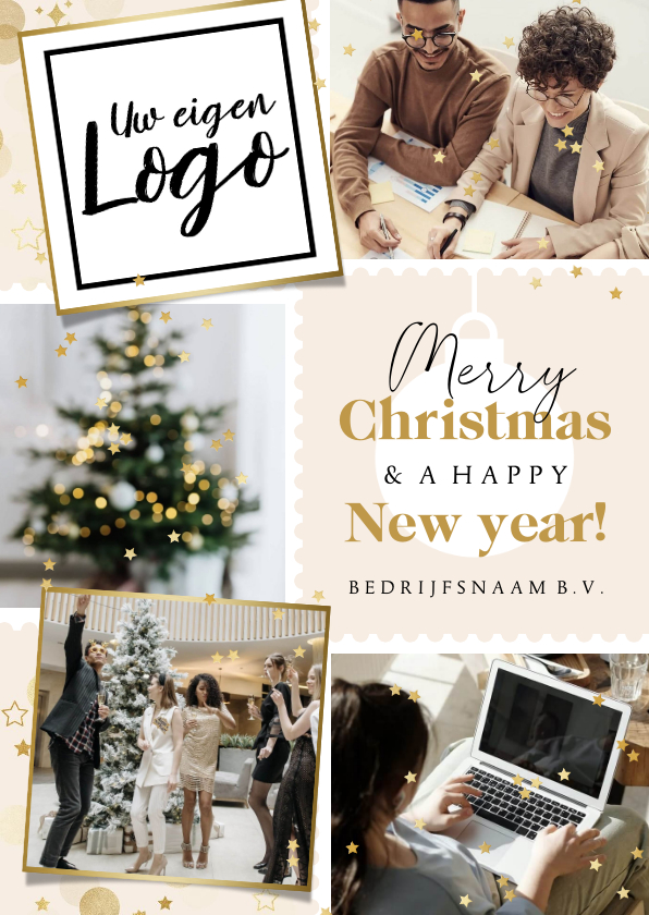 Kerstkaart zalijk collage postzegel goudfolie logo kerstbal - Zakelijke kerstkaarten Zakelijke kerstkaarten - Kerstkaart zalijk collage postzegel goudfolie logo kerstbal