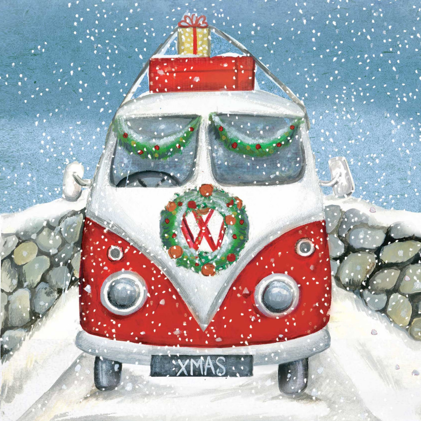 Zakelijke kerstkaarten - Leuke kerstkaart van een VW busje in de sneeuw