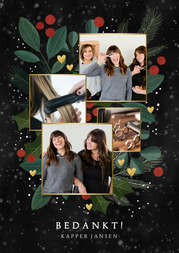 Moderne zakelijke kerstkaart met takjes hartjes en foto's - Zakelijke kerstkaarten Zakelijke kerstkaarten - Moderne zakelijke kerstkaart met takjes hartjes en foto's