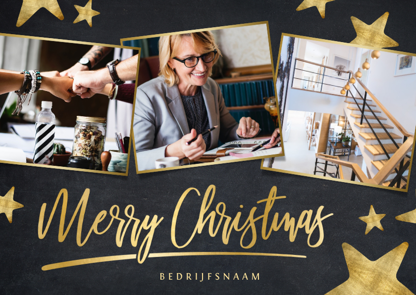 Moderne zwarte zakelijke kerstkaart fotocollage met sterren - Zakelijke kerstkaarten Zakelijke kerstkaarten - Moderne zwarte zakelijke kerstkaart fotocollage met sterren