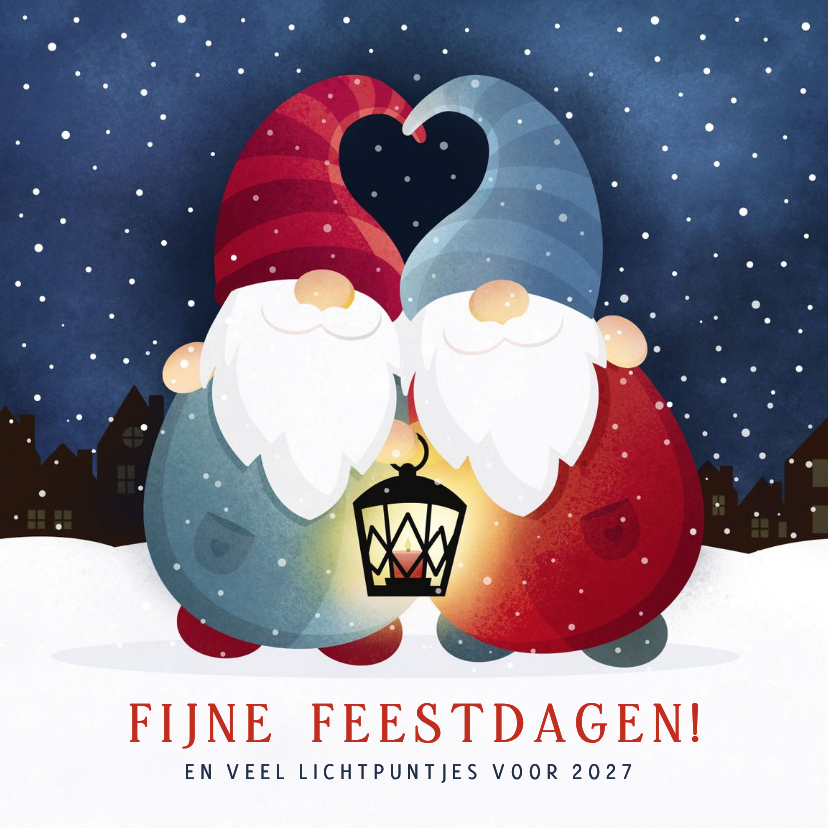 Zakelijke kerstkaarten - Nostalgische kerstkaart met 2 kerst kabouters in de sneeuw