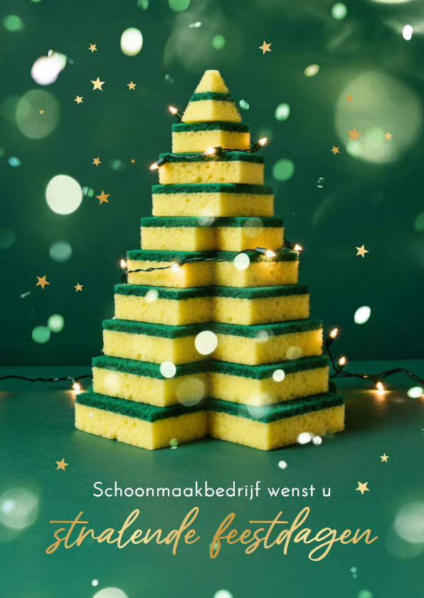 Zakelijke kerstkaarten - Originele zakelijke kerstkaart schoonmaak kerstboom sponsjes