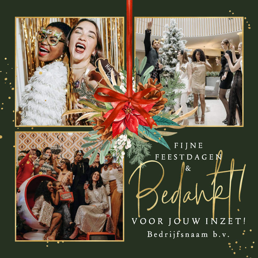 Stijlvolle kerstkaart fotocollage bedankt medewerkers strik - Zakelijke kerstkaarten Zakelijke kerstkaarten - Stijlvolle kerstkaart fotocollage bedankt medewerkers strik