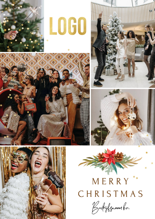 Zakelijke kerstkaarten - Stijlvolle kerstkaart fotocollage botanisch logo ster goud