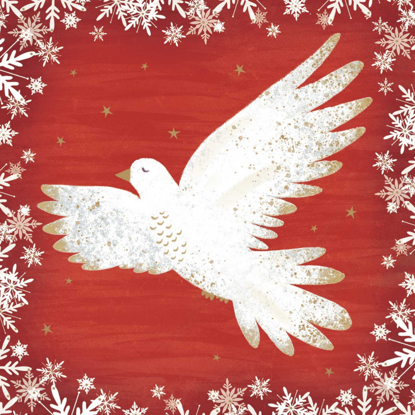 Stijlvolle kerstkaart met een vredesduif, rode achtergrond. - Zakelijke kerstkaarten Zakelijke kerstkaarten - Stijlvolle kerstkaart met een vredesduif, rode achtergrond.