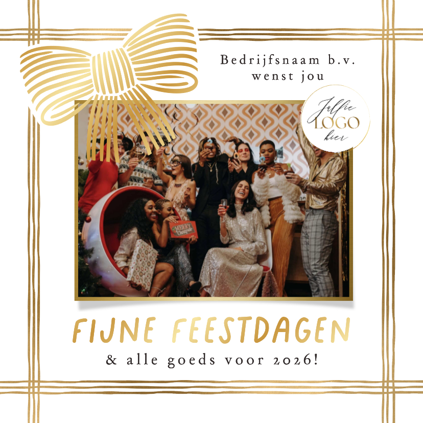 Stijlvolle kerstkaart strikken lint goud foto logo - Zakelijke kerstkaarten Zakelijke kerstkaarten - Stijlvolle kerstkaart strikken lint goud foto logo