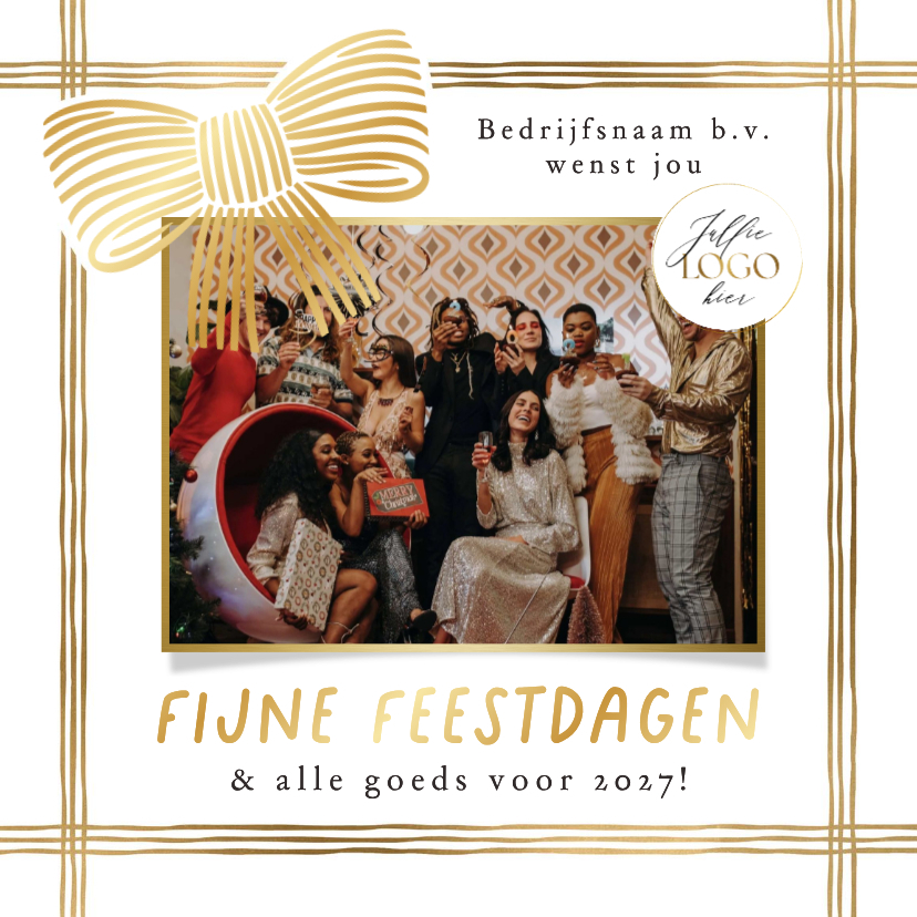 Stijlvolle kerstkaart strikken lint goud foto logo - Zakelijke kerstkaarten Zakelijke kerstkaarten - Stijlvolle kerstkaart strikken lint goud foto logo