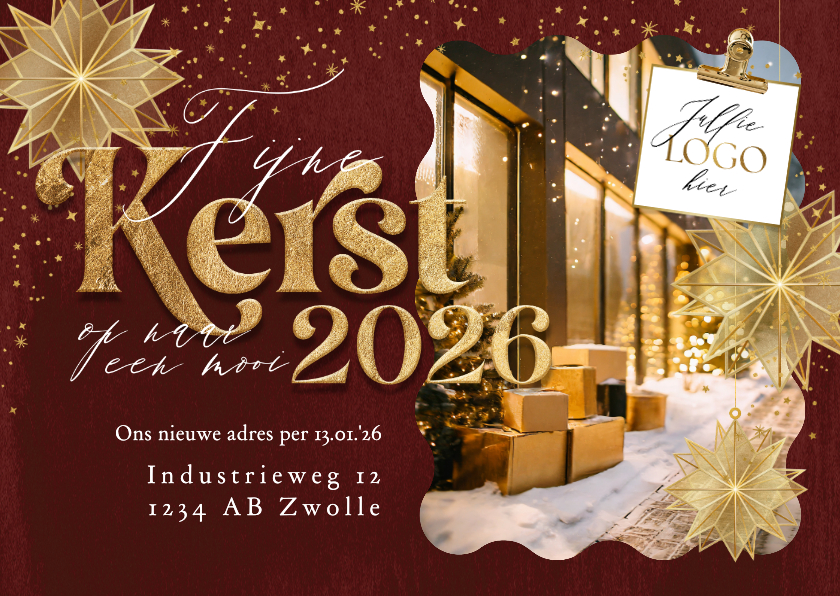 Zakelijke kerstkaarten - Stijlvolle kerstkaart vershuisd foto kerststerren goud logo