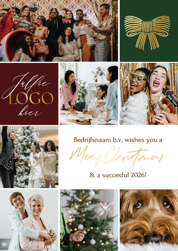 Stijlvolle kerstkaart zakelijk fotocollage strik goud logo - Zakelijke kerstkaarten Zakelijke kerstkaarten - Stijlvolle kerstkaart zakelijk fotocollage strik goud logo