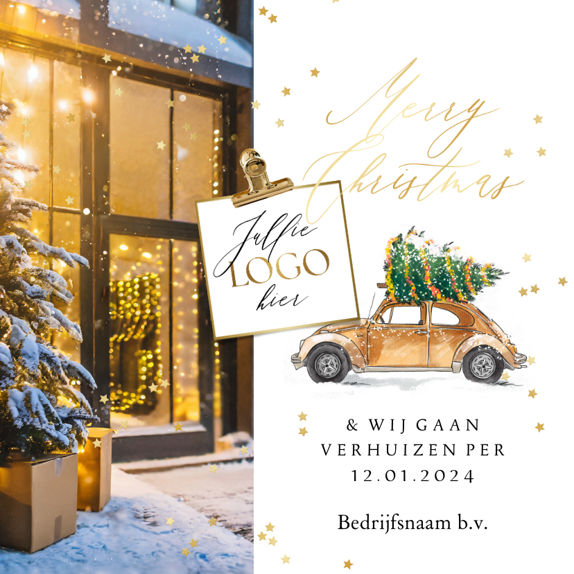 Zakelijke kerstkaarten - Stijlvolle kerstverhuiskaart bedrijf foto sterren goud auto