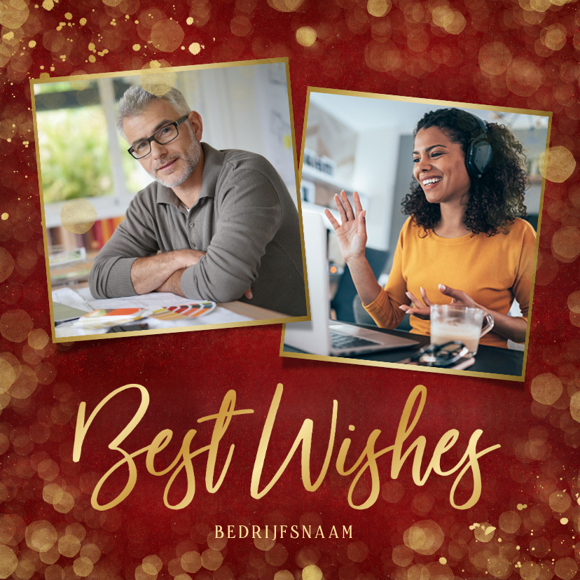 Stijlvolle rode zakelijke kerstkaart Best Wishes met foto's - Zakelijke kerstkaarten Zakelijke kerstkaarten - Stijlvolle rode zakelijke kerstkaart Best Wishes met foto's