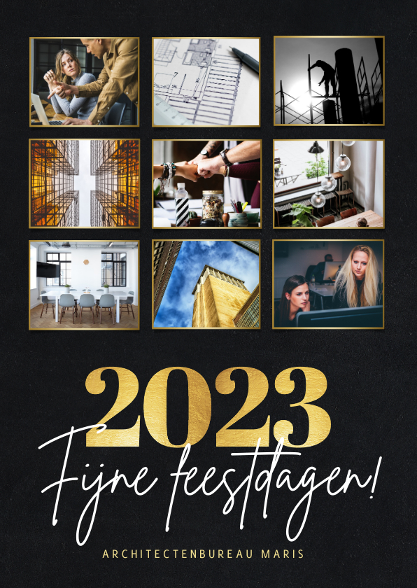 Stijlvolle zakelijke fotocollage kerstkaart met gouden 2023 - Zakelijke kerstkaarten Zakelijke kerstkaarten - Stijlvolle zakelijke fotocollage kerstkaart met gouden 2023