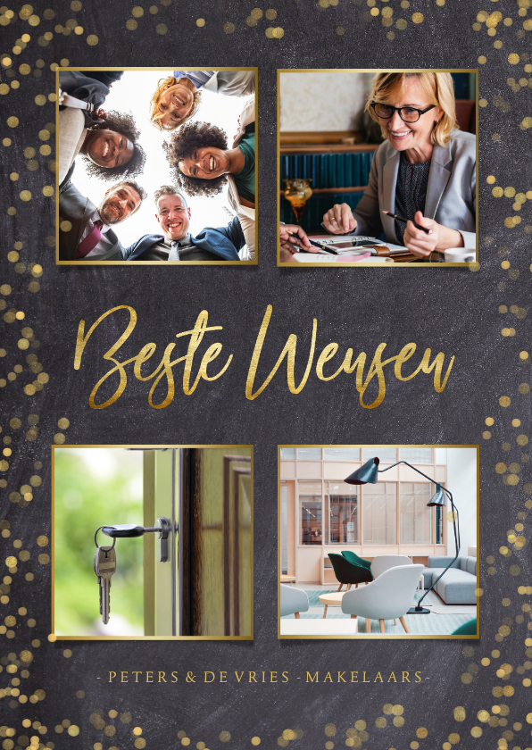 Stijlvolle zakelijke fotocollage kerstkaart met goudlook - Zakelijke kerstkaarten Zakelijke kerstkaarten - Stijlvolle zakelijke fotocollage kerstkaart met goudlook