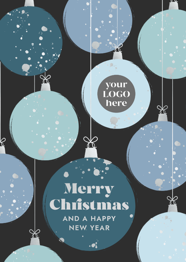 Zakelijke kerstkaarten - Stijlvolle zakelijke kerstkaart blauwe kerstballen en logo
