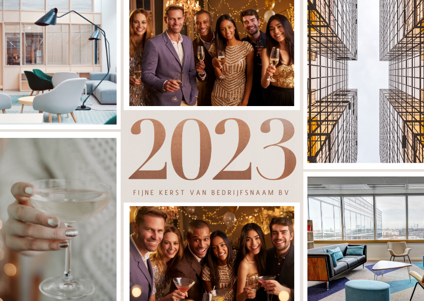 Stijlvolle zakelijke kerstkaart fotocollage en koper 2023 - Zakelijke kerstkaarten Zakelijke kerstkaarten - Stijlvolle zakelijke kerstkaart fotocollage en koper 2023