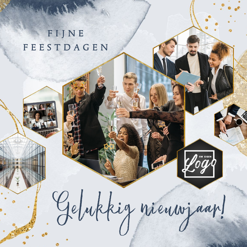 Stijlvolle zakelijke kerstkaart goud fotocollage nieuwjaar - Zakelijke kerstkaarten Zakelijke kerstkaarten - Stijlvolle zakelijke kerstkaart goud fotocollage nieuwjaar