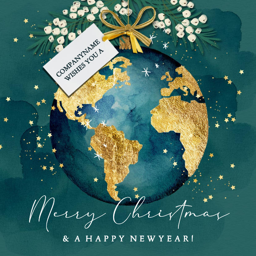 Stijlvolle zakelijke kerstkaart wereldbol kerstbal goud ster - Zakelijke kerstkaarten Zakelijke kerstkaarten - Stijlvolle zakelijke kerstkaart wereldbol kerstbal goud ster