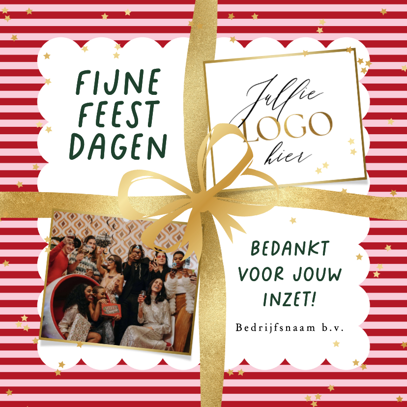 Zakelijke kerstkaarten - Trendy kerstkaart zakelijk bedankt strik lint goud logo ster