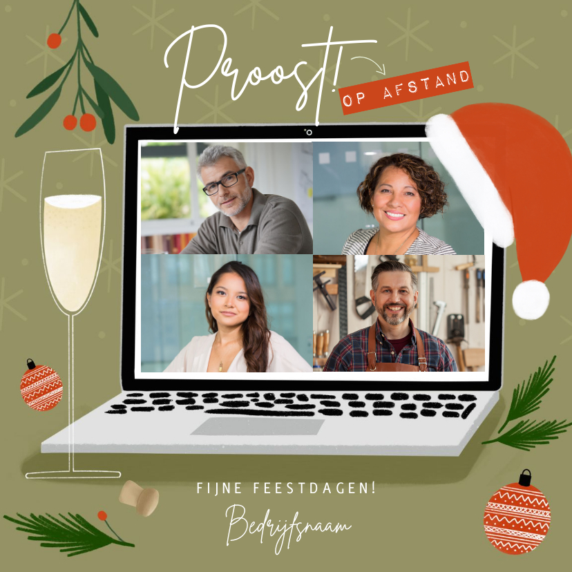 Trendy zakelijke kerstkaart borrel op afstand met laptop - Zakelijke kerstkaarten Zakelijke kerstkaarten - Trendy zakelijke kerstkaart borrel op afstand met laptop