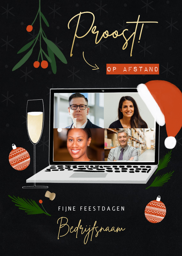 Trendy zakelijke kerstkaart proost op afstand met laptop - Zakelijke kerstkaarten Zakelijke kerstkaarten - Trendy zakelijke kerstkaart proost op afstand met laptop