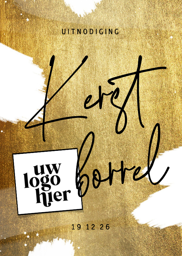 Uitnodiging kerstborrel goud met wit en logo - Zakelijke kerstkaarten Zakelijke kerstkaarten - Uitnodiging kerstborrel goud met wit en logo