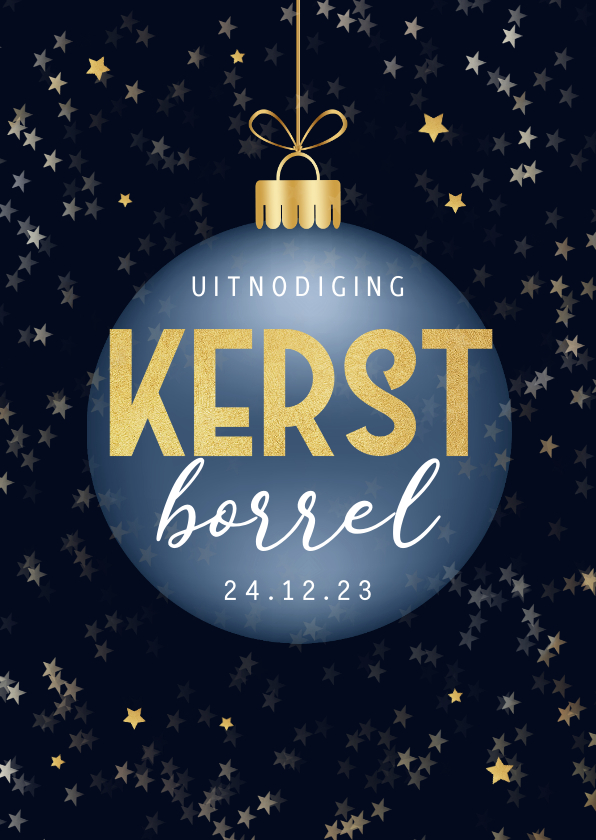 Uitnodiging kerstborrel kerstbal goud sterren - Zakelijke kerstkaarten Zakelijke kerstkaarten - Uitnodiging kerstborrel kerstbal goud sterren