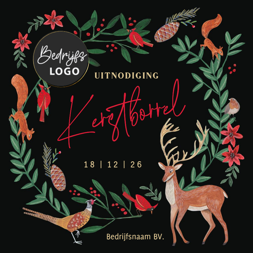 Uitnodiging kerstborrel kerstkrans met bosdieren - Zakelijke kerstkaarten Zakelijke kerstkaarten - Uitnodiging kerstborrel kerstkrans met bosdieren