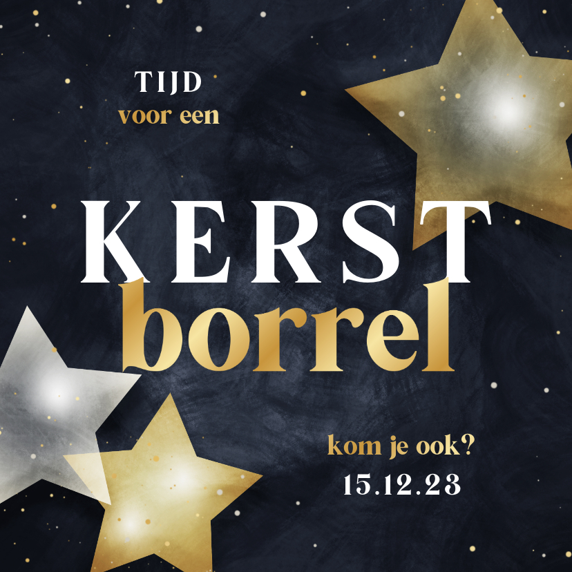 Uitnodiging kerstborrel met sterren donkerblauw met goud - Zakelijke kerstkaarten Zakelijke kerstkaarten - Uitnodiging kerstborrel met sterren donkerblauw met goud