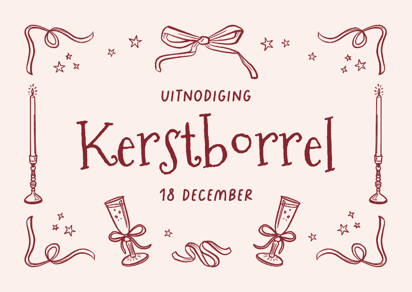 Uitnodiging kerstborrel roze doodle champagne strikjes - Zakelijke kerstkaarten Zakelijke kerstkaarten - Uitnodiging kerstborrel roze doodle champagne strikjes