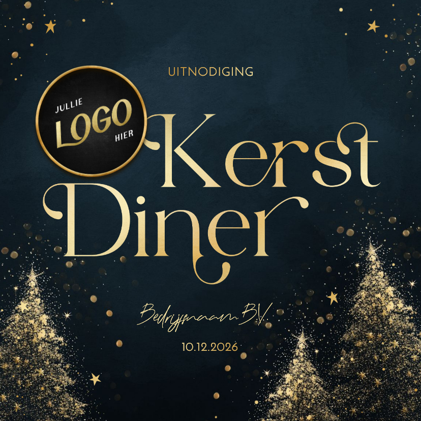 Uitnodiging kerstdiner blauw met gouden kerstbomen en logo - Zakelijke kerstkaarten Zakelijke kerstkaarten - Uitnodiging kerstdiner blauw met gouden kerstbomen en logo