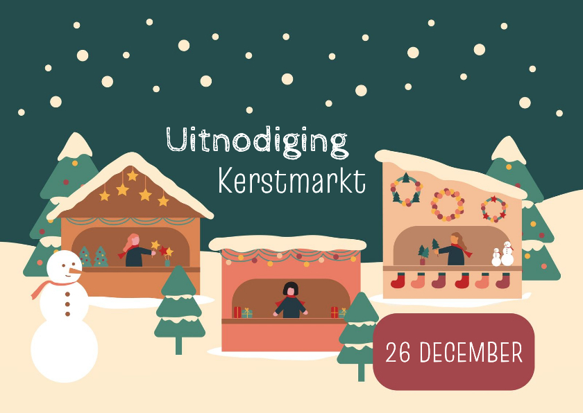 Uitnodiging kerstmarkt met kraampjes en kerstbomen - Zakelijke kerstkaarten Zakelijke kerstkaarten - Uitnodiging kerstmarkt met kraampjes en kerstbomen